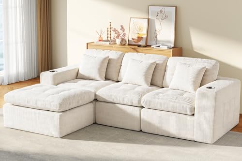 Image of Modular Sectional Sofa, 105 inch L Shaped Comfy Cloud Couch with Deep Seat, Boneless Couch for Living Room, Corduroy Modular Sofa with Chaise and Cup Holders, No Assembly Required, Beige