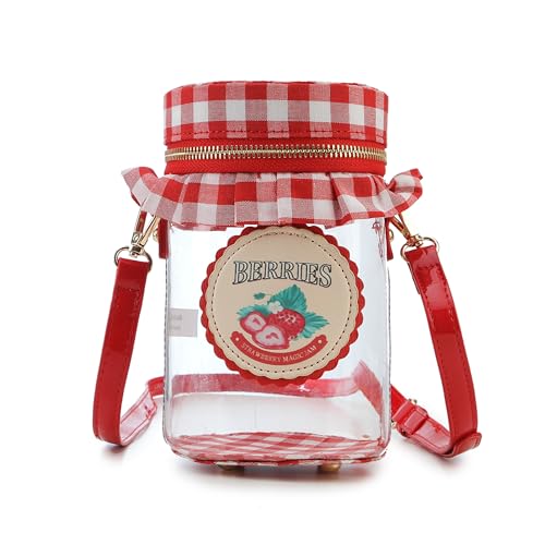 Sac à bandoulière transparent bouteille de confiture de fraises et mini sacoche carreaux rouge