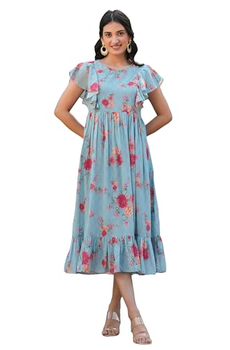Image of Janasya Women's Georgette Floral Printed Tiered Dress