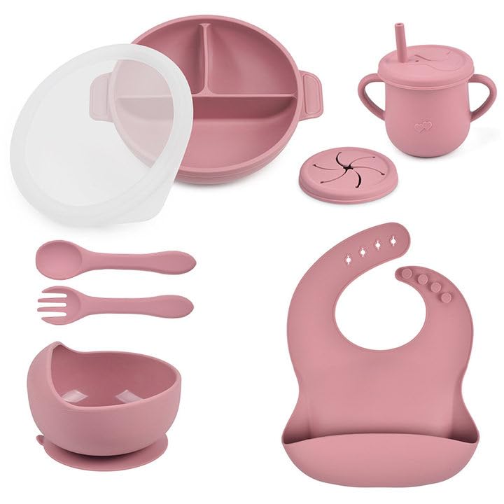 Image of Silicone Baby Feeding Set - Perfect silicone plates for baby and Toddler Plates with lid, Baby Bowls with Suction, Baby Utensils - Baby Led Weaning Supplies and Eating Essentials - (Pink)