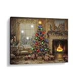 Artiluxy Christmas LED Canvas Wall Art β 24x18in Lighted Christmas Tree with Fireplace Scene, Battery Operated, Timer Function, Vintage Holiday DΓ©cor for Home, Living Room, Entryway.