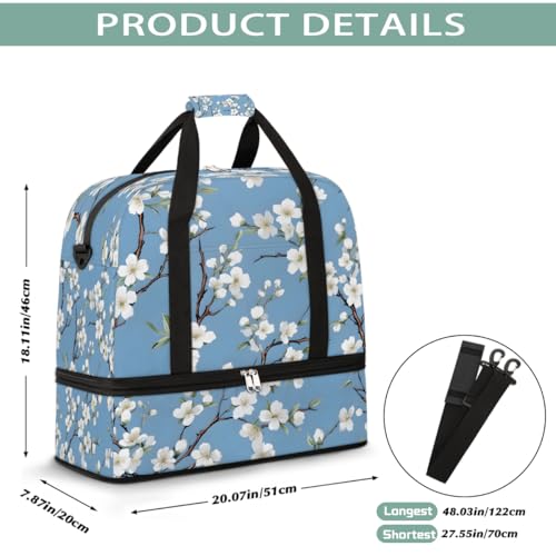 Foldable Carry On Bag for Travel, Expandable Duffle Bag with Shoe Compartment, Flower Floral White Cherry Blossom Lightweight Sports Gym Tote with Trolley Sleeve2