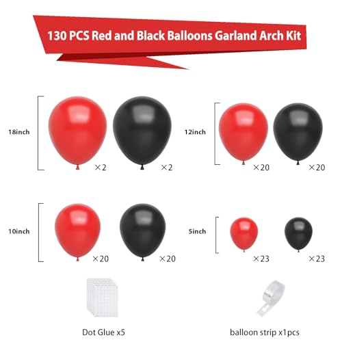 Image of Red and Black Balloons Arch Kit,130pcs Black and Red Balloon Garland,Different Sizes Red Latex Balloons for Birthday New Years Graduation Bachelorette Poker Casino Prom Party Decoration