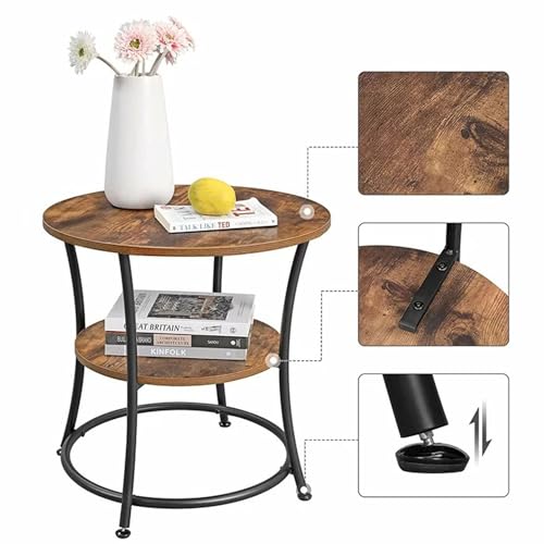 Image of Round end Table with 2 Shelves for The Living Room and Bedroom, Metal-Framed nightstand for Compact Spaces, and Outside Accent Coffee Table-Black Brown