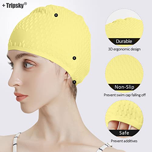 Tripsky Silicone Swim Cap,Comfortable Bathing Cap Ideal For Curly Short Medium Long Hair, Swimming Cap For Women And Men, Shower Caps Keep Hairstyle Unchanged (Light Yellow) #TOP2
