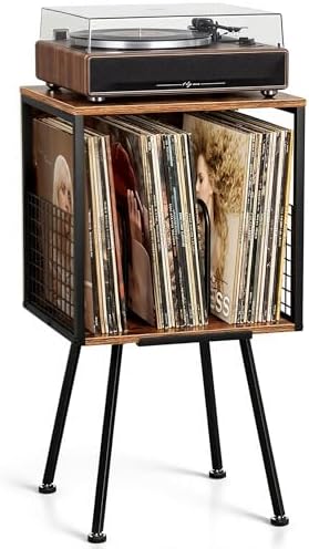 Faesun Record Player Stand with Storage Holds 100+ Vinyl Records, Industrial Turntable Stand with Storage Shelf, LP Album Organizer Cabinet for Small Spaces,Rustic End Table