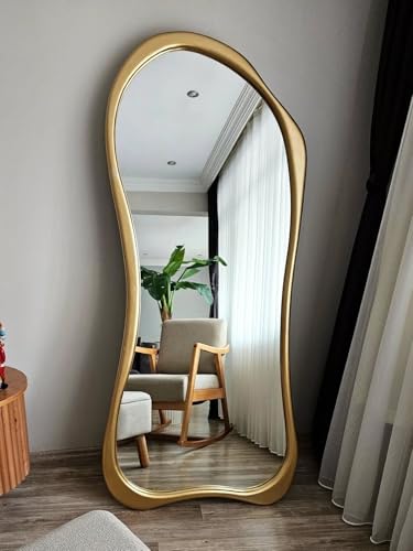 Image of Full Length Floor Mirror with Gold Frame, Modern Curved Design, Standing Wall Mount, Large Decorative Mirror for Bedroom, Living Room || Without Mirror|| 60x30 Inches ||