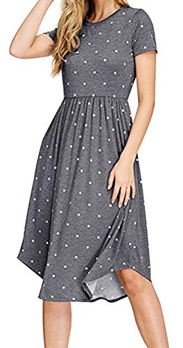 Chvity Short Sleeve Pleated Dresses for Women Polka dot Loose Dress for Women Swing midi Dress Empire Waist Casual Dresses for Women Pockets Short Sleeve Summer Dress (Gray, S)
