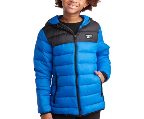 Reebok Chaqueta para niño, abrigo acolchado de peso medio resistente al agua, abrigo de plumón aislado para niños (4-20), Vector azul/negro, 10-12
