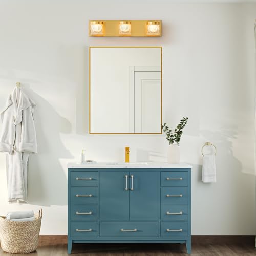 Image of WILON 3-Light LED Vanity Wall Sconce, Gold Bathroom Lighting Fixture | 3 Color Dimmable, Modern Farmhouse, Striped Glass Shade, for Bedroom Living Room Hallway Mirror Vanity, Bulbs Not Included
