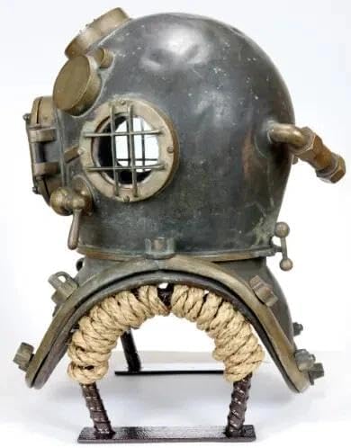 Antique Style Deep Sea Diver Helmet Replica – Mark V Marine Scuba Diving Helmet | Handcrafted Aluminum Brass Copper Finish | Nautical Home Decor Collectible with Display Stand