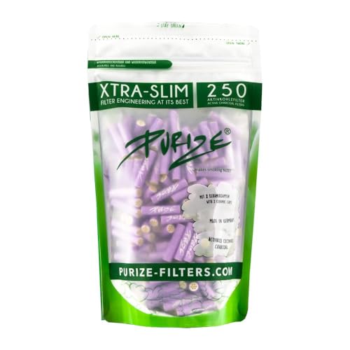 Purize Carbon Activated Extra Slim Filter Tips - 6mm - (250 Pack) - Enhance Your Smoking Experience with Advanced Filtration Technology - with Vastu Storage Mylar Bag (Purple)