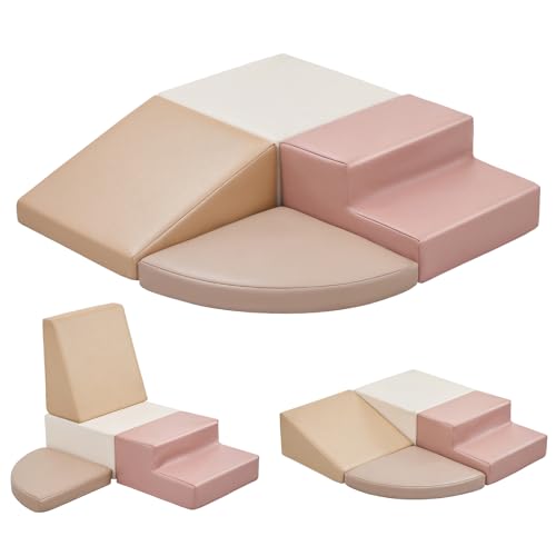 Image of Sumbababy Climbing Foam Blocks for Toddlers: Waterproof Pu Leather Soft Climber - 4 Pcs Toddler Indoor Climbing Toys - Kids Outdoor Playground Playset Best Gift Preschool Daycare Supplies(Pink /Beige)