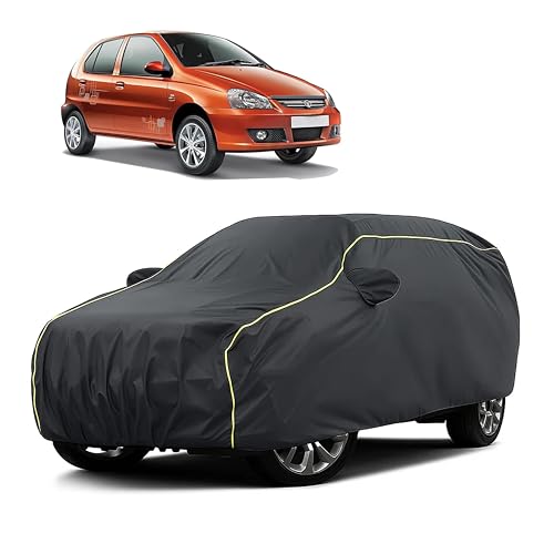 Image of Sulfar 100% Water Resistant Car Body Cover Compatible with Mirror for Tata Indica eV2 (Triple Stitched, Full Bottom Elastic, Dark Grey Taffeta with Yellow Piping)