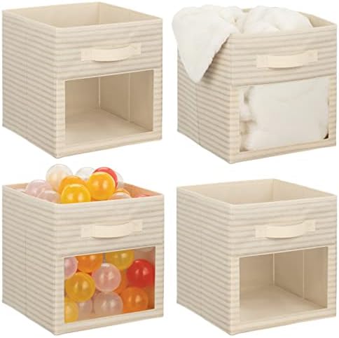 mDesign Fabric Nursery/Playroom Closet Storage Organizer Bin Box, Front Handle/Window for Cube Furniture Shelving Unit, Hold Toys, Clothes, Diapers, Bibs, Lido Collection, 4 Pack, Natural/Taupe Stripe