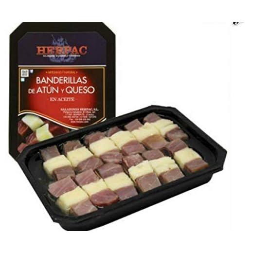 BANDERILLAS DE ATÚN Y QUESO 42 Unidades , pueden llegar a ser adictivas. Daditos de atún ahumado y queso conservadas en aceite.