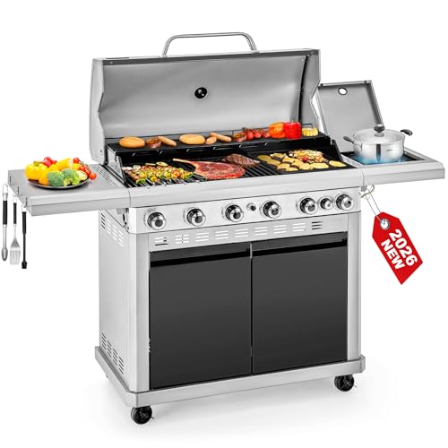 2 in 1 Propane Griddle Grill Combo, 6-Burner Propane Gas BBQ Grill with Porcelain-Enameled Cast Iron Grates & Plate, 42,000 BTU Combo Grill with Side Stove for Outdoor Cooking Camping Patio Backyard