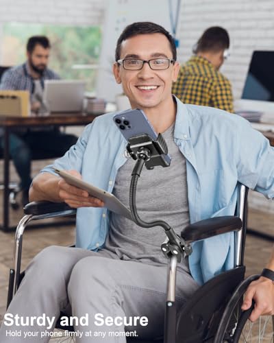 Gooseneck Phone Holder for Wheelchair, Stroller, Golf Cart, Boat, Mic Stand, Indoor Cycling Bike, Gym Bicycle Handlebar Clamp, Compatible with iPhone 15 Pro Max/14/13/12/11, Android and All Smartphone - Image 3