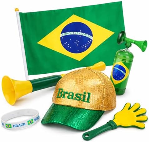 Kit Torcida Brasil Premium 6 Itens Para Dividir Entre Amigos Copa Do Mundo Com Bandeira Boné Paetê Vuvuzela 42cm Buzina Pulseira E Mãozinha Bate Bate Verde E Amarelo Festa Carnaval Jogos