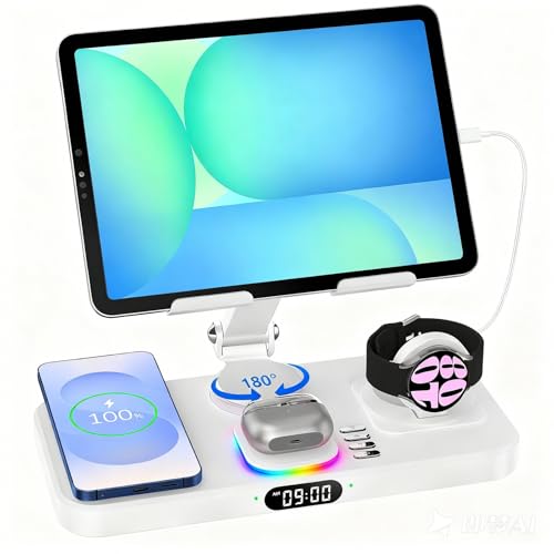 30W Tablet Wireless Charger for Samsung, Foldable Android Charging Station with Clock Display with 7-Color Light, Wireless Watch Charger for S25, Only Compatible Samsung Watch, Galaxy Buds3 Pro(White