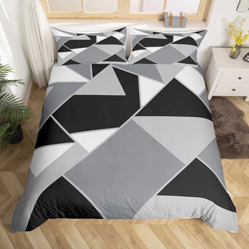 jejeloiu Black Gray Abstract Duvet Cover Toddler Size Kids Geometric Stripe Comforter Cover for Boys Girls Teens Modern Art Triangle Bedding Set Breathable Soft Microfiber Geometry Room Decor