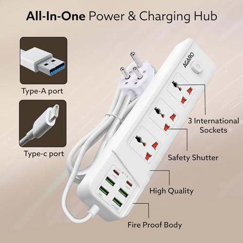 Image of AGARO Regal Extension Board, Power Strip, 3 Universal Sockets, 4 USB + 2 Type-C Fast Charge, 2500W, 6ft Heavy-Duty Cord, Overload & Surge Protection, Master Switch, Multi-Device Charge for Home /Office