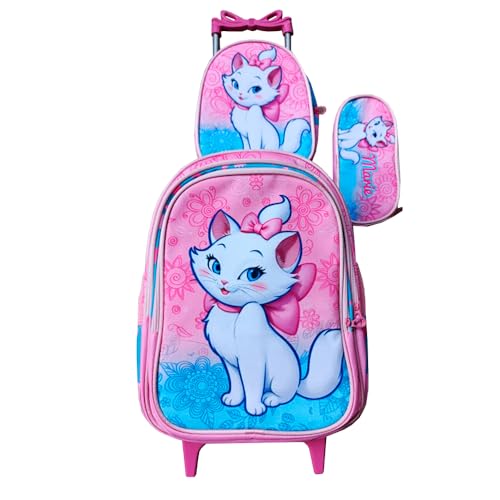 Kit Mochila com Rodinhas Meninas Gata Marie + Lancheira + Estojo