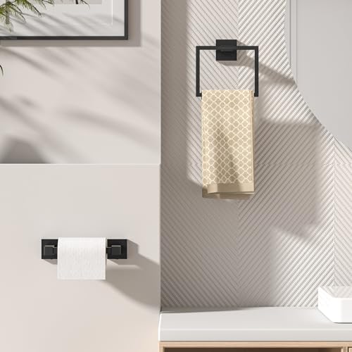 FORIOUS Toilet Paper Holder Wall Mount, SUS 304 Stainless Steel Square Double Post Pivoting Tissue Roll Holder and Hand Towel Ring Set, Bathroom Hardware Accessories Set, Matte Black - Image 2