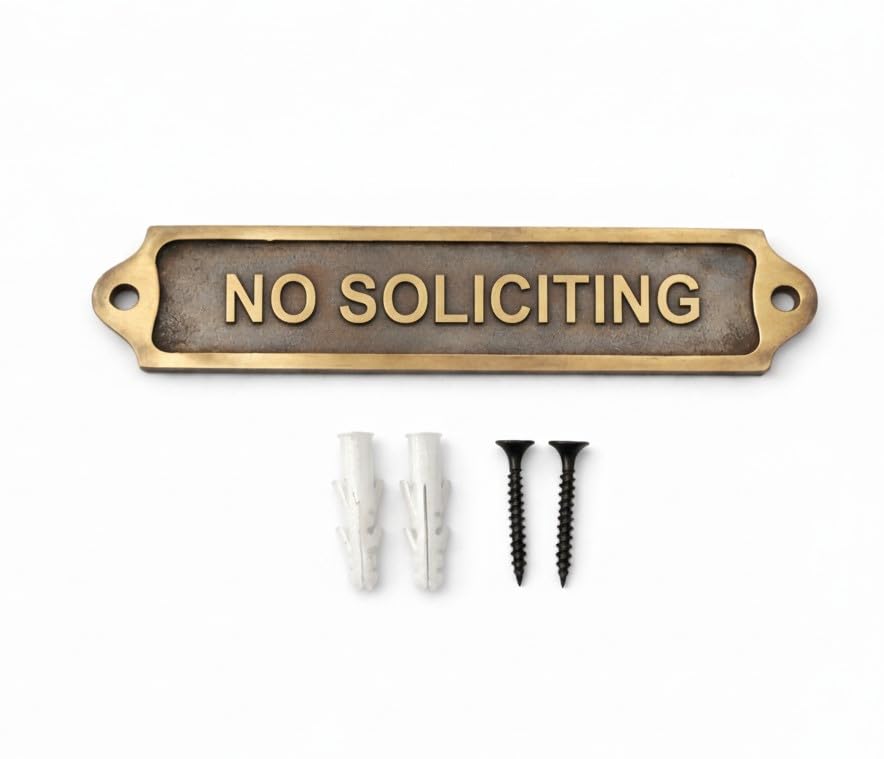 NO SOLICITING Antique Effect Door Plaque Sign | Vintage Style Metal Door Sign with Raised Lettering | Wall & Door Name Plate with Fixing Screws for Home Office Entrance | 21.5 x 4.5 cm | NO SOLICITING