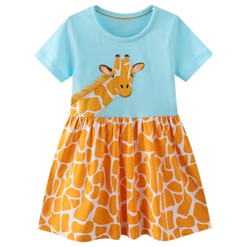 Dinopjs Mädchen Kleid Schöne Giraffe T-Shirt Kleider Klassische Gestricktes Patchmuster Orange Giraffenmuster Niedliches Tier Freizeitkleid Kostüme Dress für 2-7 Jahre Kinder