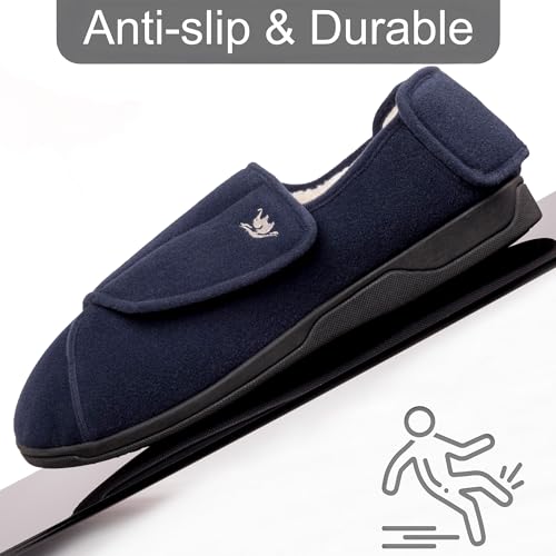 Image of Men's Memory Foam Diabetic Slippers with Adjustable Closure, Extra Wide Comfy Warm Plush Fleece Arthritis Edema Swollen Diabetic House Shoes Machine Washable with Anti Slip Sole