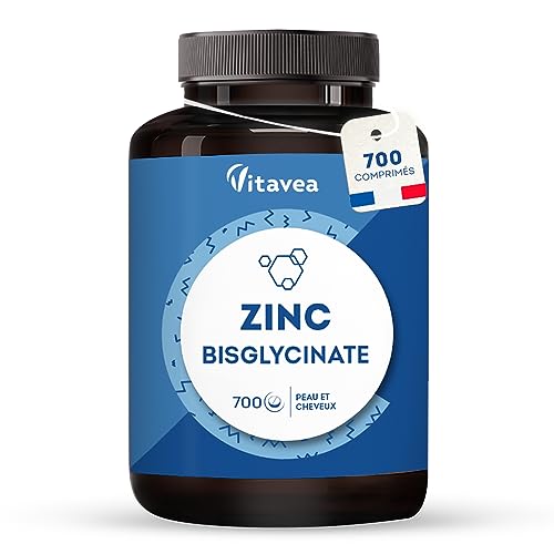 Zinc Bisglycinate 15 mg - Peau, Cheveux, Ongles, Immunité, Fatigue - Hautement Biodisponible, Sans Désagrément Digestif - 700 comprimés - 350 jours - Vegan - Fabriqué en France -Vitavea