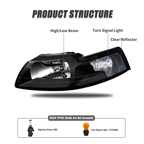 ADCARLIGHTS Headlight Assembly Pair for 1999-2004 Ford Mustang V6 GT SVT Cobra Black Housing Clear Reflector Left Right W/O Bulbs by ADCARLIGHTS - Image 3
