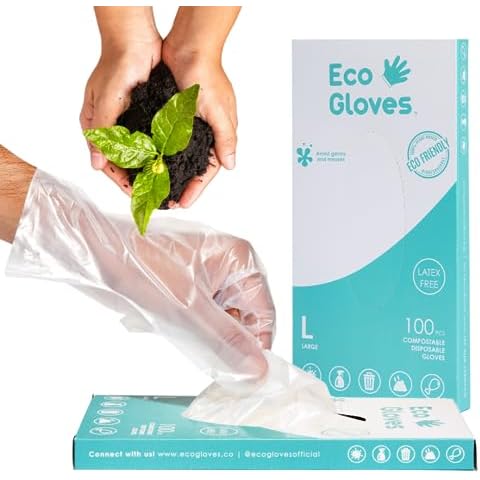 Eco Gloves Plant-Based Compostable Gloves Eco-friendly Latex Free, Powder Free, BPA Free for Food, Safety, Cleaning, Pet Care | Pack of 100 | Clear (Medium) Cover