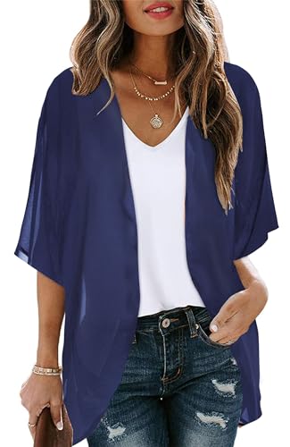 Image of florynova Women Plus Size Cardigans Floral Print Short Sleeve Top Chiffon Kimono Loose Beachwear Cover Up(Navy Blue,L)