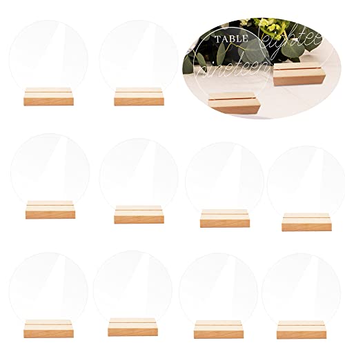 fengman123 Lot de 10 supports de cartes de table naturels avec plaque acrylique ronde en bois pour mariage, numéro de table, carte de table, support photo