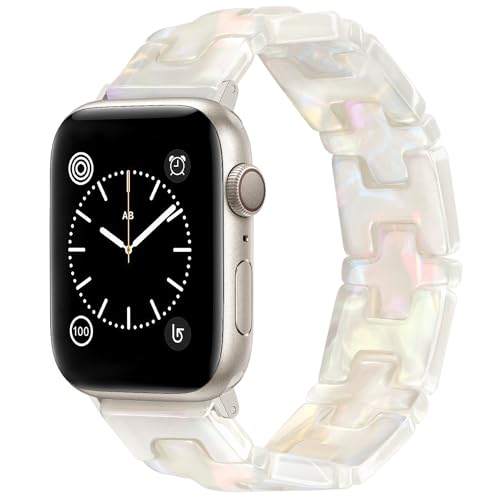 JR.DM Resin Stretchy White Tortoise Fancy Beaded Bracelet Light Watch Band Women Compatible with Apple Watch Band 38mm 40mm 41mm Strap Wristband for iWatch Series 10/9/8/7/6/5/4/3/2/1/SE