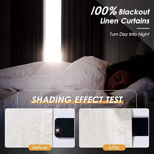 Image of Beige White 100% Blackout Linen Curtains 108 Inches Long for Bedroom Back Tab Thermal Insulated Modern Farmhouse Decor Black Out Curtain for Living Room Floor to Ceiling High Window 52x108, 2 Panels