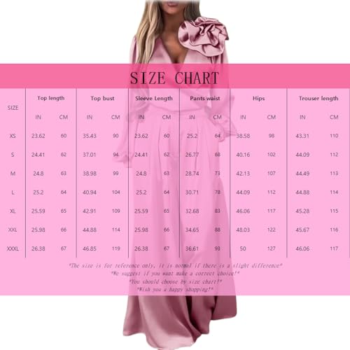 Women's 2 piece Sexy Luxurious and Elegant 3D Flower V-Neck Satin Long Sleeve Top Wide Leg Pants Set2