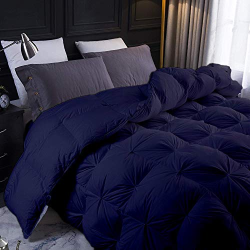 Navy Blue All Season Down Pintuck Comforter- California King Size 102 x 96 Inches 1 pc Pinch Pleated Duvet, 550 GSM with Corner Tabs 100% Egyptian Cotton- Hotel Navy Blue Solid