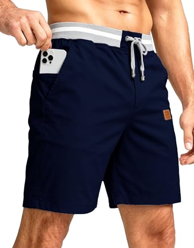 PrimeCrest Męskie Szorty Bawełniane Codzienne Bermudy Letnie Szorty Chino Kieszeniami Wypoczynkowe Eleganckie lekkie Elastyczna Talia Do Kolan Smukły Krój Ze Wygodne Niebieski L