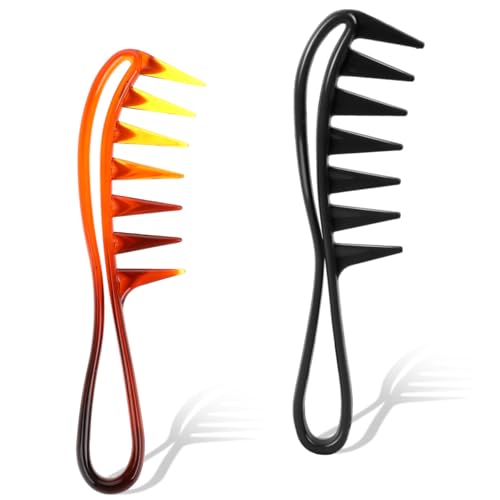 Curl Comb for Brushing out Curls 2 PCS Wide Tooth Comb Large Tooth Combs Curl Hair Brush Durable Plastic Curly Hair Combs for Women Hairstyling Tools for Wet Wavy Hair Wigs (Black Amber)