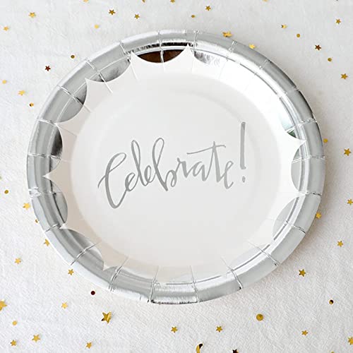 20 Count White And Silver Celebrate Plates For Birthday,Wedding,Bridal Shower,Baby Shower,Anniversary,Engagement,Bachelorett Party Decorations, Disposable Paper Dinner Dessert Plates 7 Inch #TOP7
