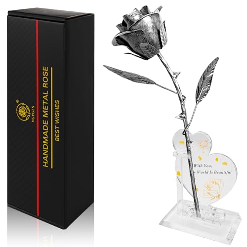 Product Image of the Iron Rose Sculpture with 2 Heart Photo Stands - 6 Year Iron Anniversary Metal Flower Gift - Couples Decor