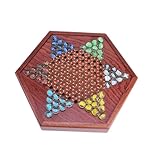 Didiseaon Jeu de Dames Chinoises Bois Hexagonal avec Billes Verre Plateau avec Tiroir de Rangement Jeu de Société Familial Stratégique pour Garçon Fille et Adultes