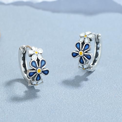 Kokoma Vintage Blue Daisy Flower Small Hoop Earrings for Women 925 Sterling Silver Daisy Huggie Hinged Hoops Cartilage Earrings Elegant Ear Jewelry Gifts for Birthday Party4