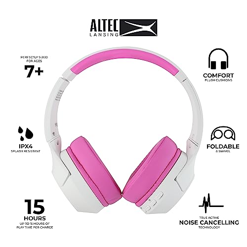 Image of Altec Lansing Kid Safe Noise Cancelling Wireless Headphones 15H Battery, 85dB Volume Limit, Foldable Design Powerful Sound, Active Noise Cancellation Perfect for Kids Ages 7+ (Whiteout Pop Pink)