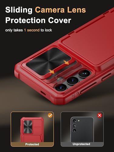Image of Vihibii Polycarbonate For Samsung Galaxy S24 Back Cover With Card Holder (4 Cards) & Slide Lens Cover & Kickstand & Raised Edges Protect Screen,Shockproof Case For Samsung Galaxy S24 6.2 inch,Red