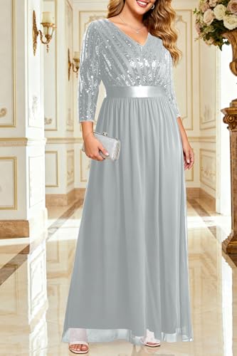 Image of Womens Plus Size Formal Dresses - V Neck 3 /4 Sleeve Sequin Prom Evening Gowns Long Maxi Dres