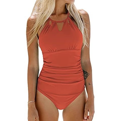 CUPSHE Women's One Piece Swimsuit High Neck Beach Swimwear Ruched Tummy Control Bathing Suit Swimming Costume Orange XS Cover